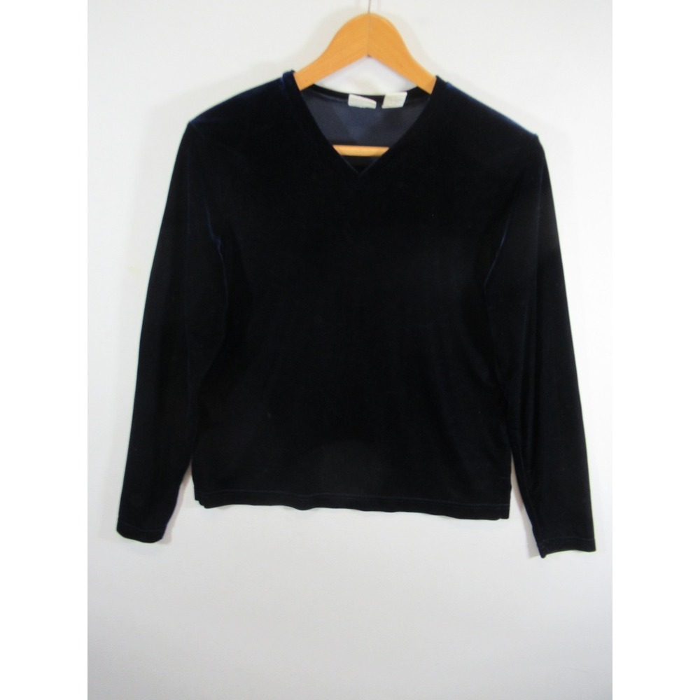 Vintage 90s Merona Velvet Velour Top Women L Blue Long Sleeve V-neck Goth Grunge